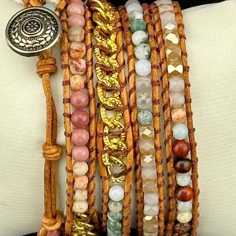 Bohemian Rhodochrosite 5-Layer Leather Wrap Around Bracelet