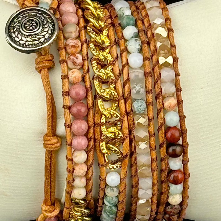 Bohemian Rhodochrosite 5-Layer Leather Wrap Around Bracelet