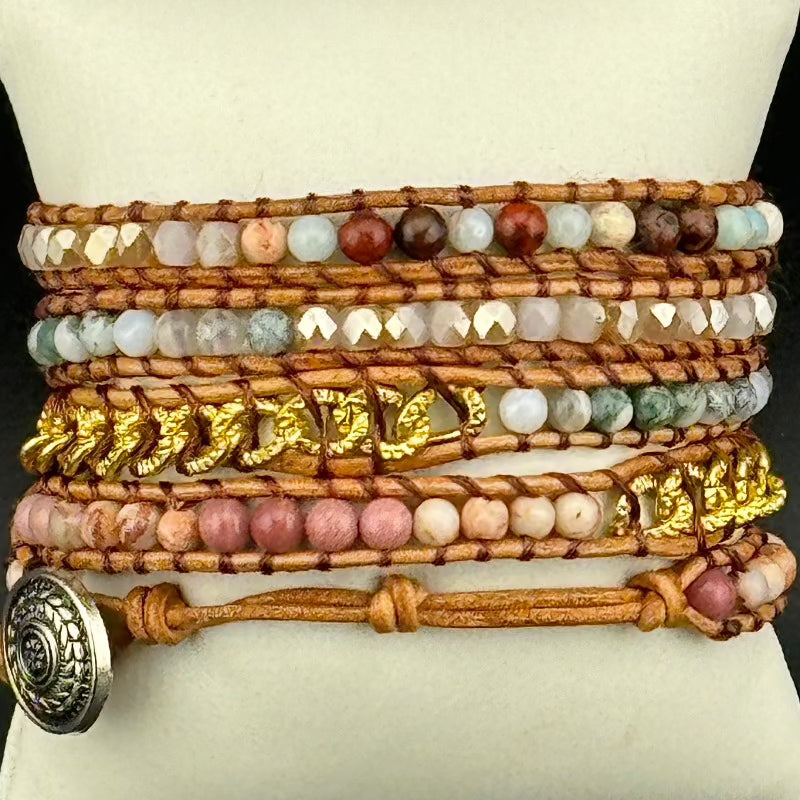 Bohemian Rhodochrosite 5-Layer Leather Wrap Around Bracelet