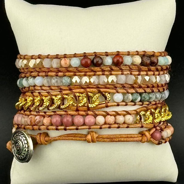 Bohemian Rhodochrosite 5-Layer Leather Wrap Around Bracelet