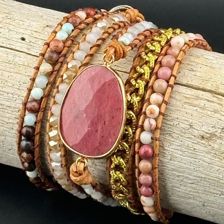 Bohemian Rhodochrosite 5-Layer Leather Wrap Around Bracelet