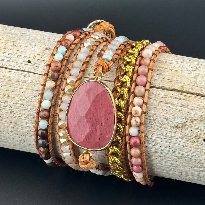 Bohemian Rhodochrosite 5-Layer Leather Wrap Around Bracelet