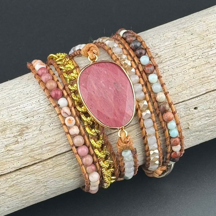 Bohemian Rhodochrosite 5-Layer Leather Wrap Around Bracelet