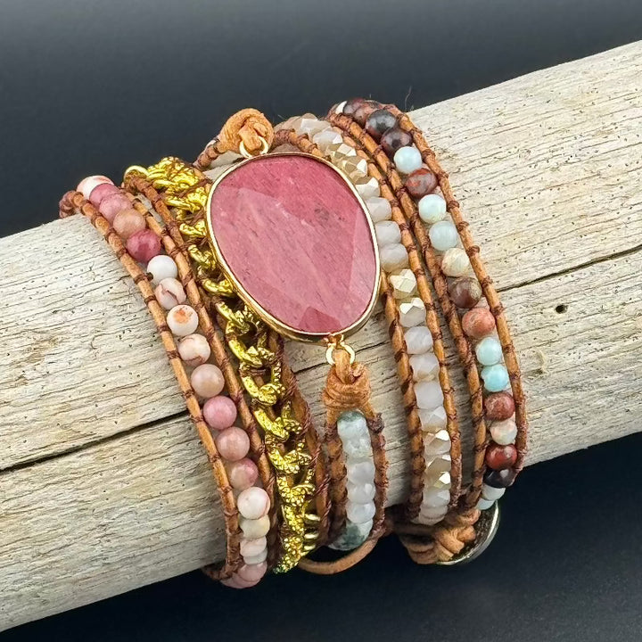 Bohemian Rhodochrosite 5-Layer Leather Wrap Around Bracelet