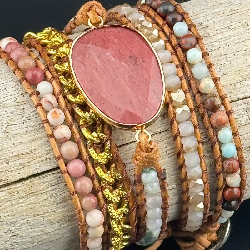 Bohemian Rhodochrosite 5-Layer Leather Wrap Around Bracelet