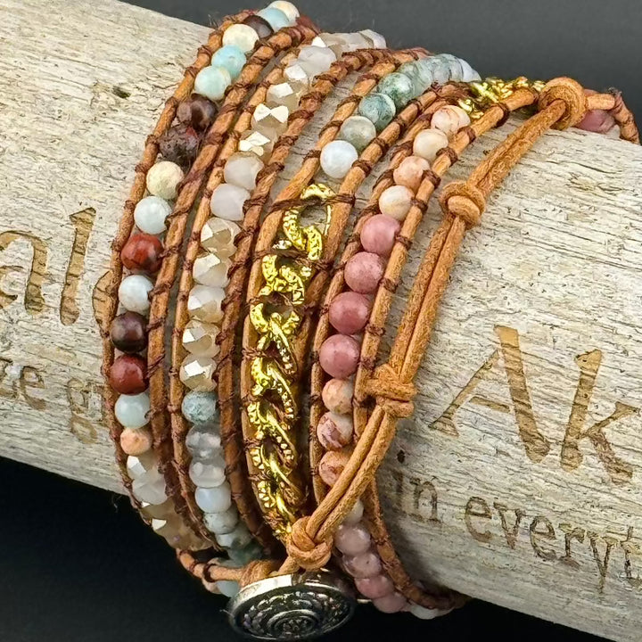 Bohemian Rhodochrosite 5-Layer Leather Wrap Around Bracelet