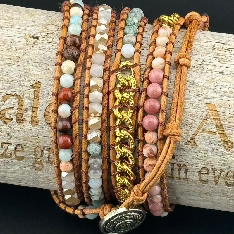 Bohemian Rhodochrosite 5-Layer Leather Wrap Around Bracelet