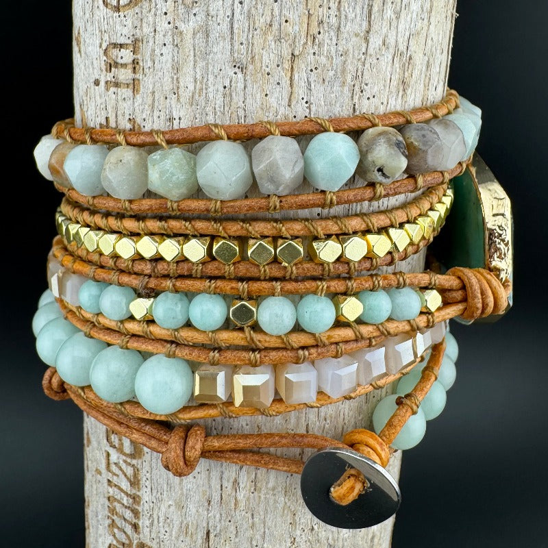 Bohemian Amazonite 5-Layer Leather Wrap Around Bracelet (Silver Button)