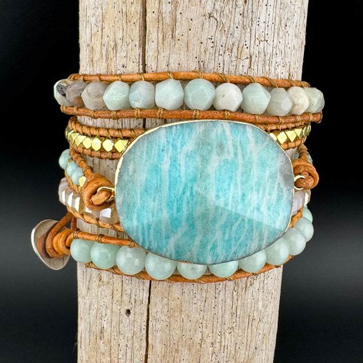 Bohemian Amazonite 5-Layer Leather Wrap Around Bracelet (Silver Button)