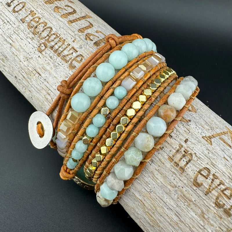 Bohemian Amazonite 5-Layer Leather Wrap Around Bracelet (Silver Button)