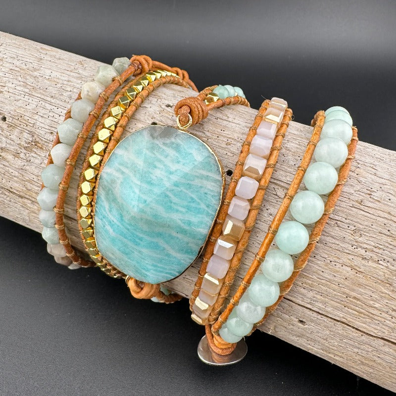 Bohemian Amazonite 5-Layer Leather Wrap Around Bracelet (Silver Button)