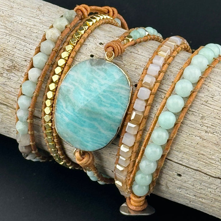 Bohemian Amazonite 5-Layer Leather Wrap Around Bracelet (Silver Button)