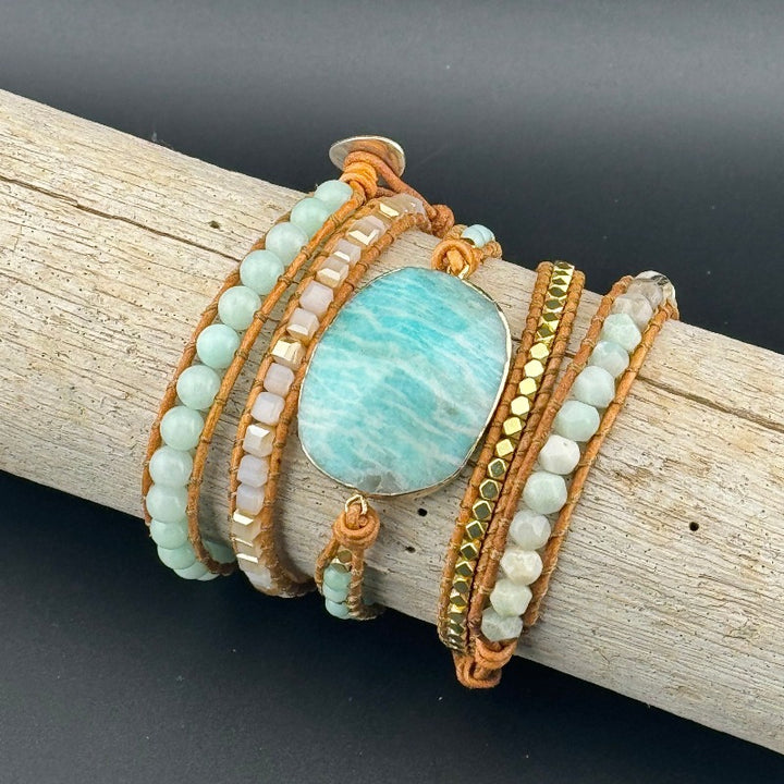 Bohemian Amazonite 5-Layer Leather Wrap Around Bracelet (Silver Button)