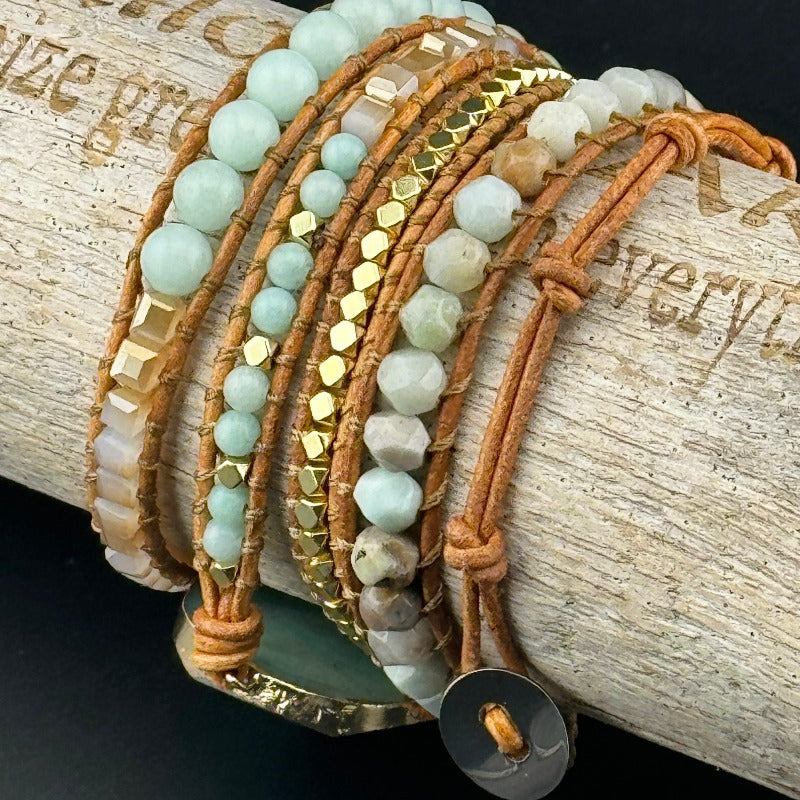 Bohemian Amazonite 5-Layer Leather Wrap Around Bracelet (Silver Button)