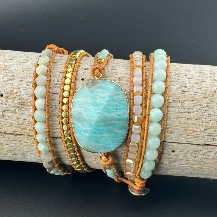 Bohemian Amazonite 5-Layer Leather Wrap Around Bracelet (Silver Button)