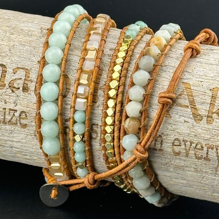 Bohemian Amazonite 5-Layer Leather Wrap Around Bracelet (Silver Button)