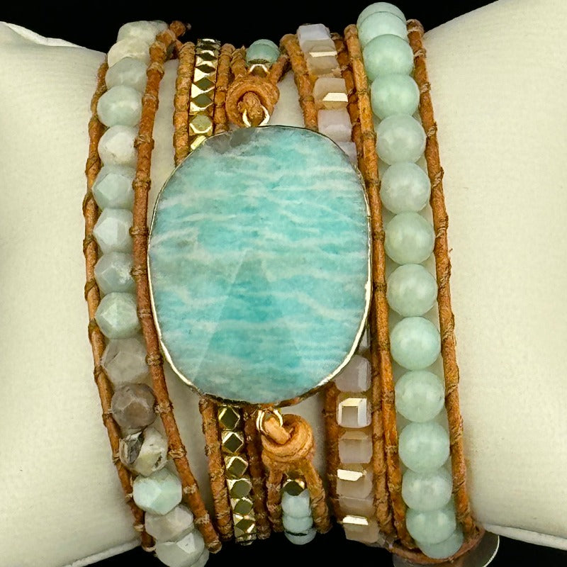 Bohemian Amazonite 5-Layer Leather Wrap Around Bracelet (Silver Button)