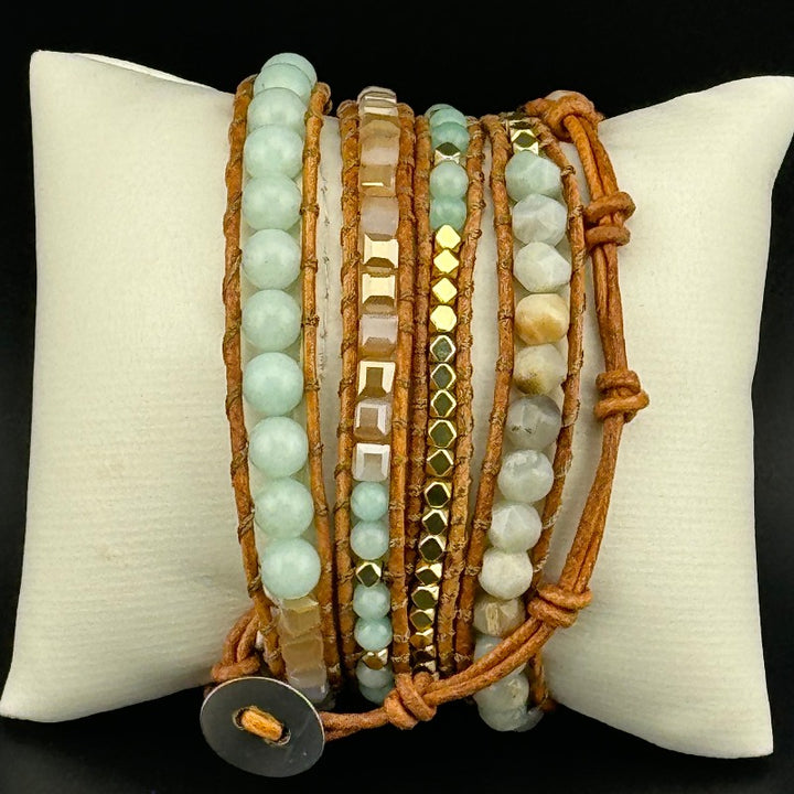 Bohemian Amazonite 5-Layer Leather Wrap Around Bracelet (Silver Button)