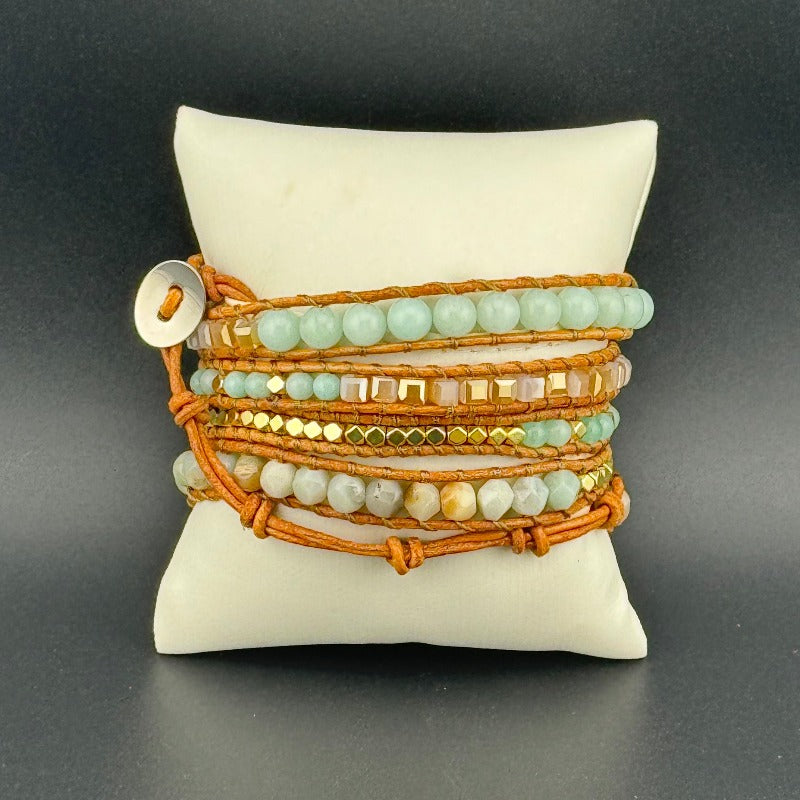 Bohemian Amazonite 5-Layer Leather Wrap Around Bracelet (Silver Button)