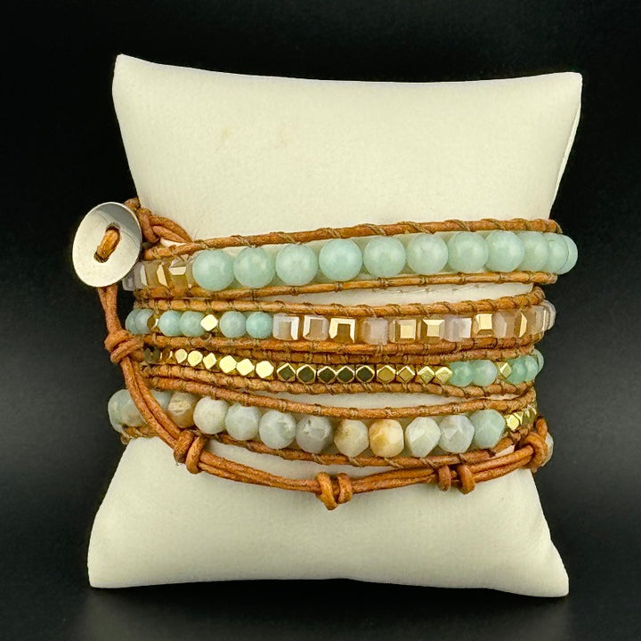 Bohemian Amazonite 5-Layer Leather Wrap Around Bracelet (Silver Button)