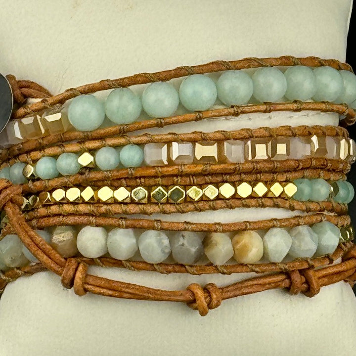 Bohemian Amazonite 5-Layer Leather Wrap Around Bracelet (Silver Button)