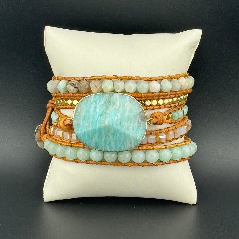 Bohemian Amazonite 5-Layer Leather Wrap Around Bracelet (Silver Button)