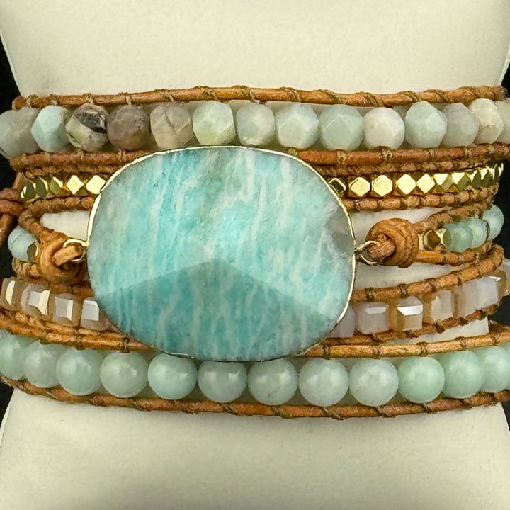 Bohemian Amazonite 5-Layer Leather Wrap Around Bracelet (Silver Button)