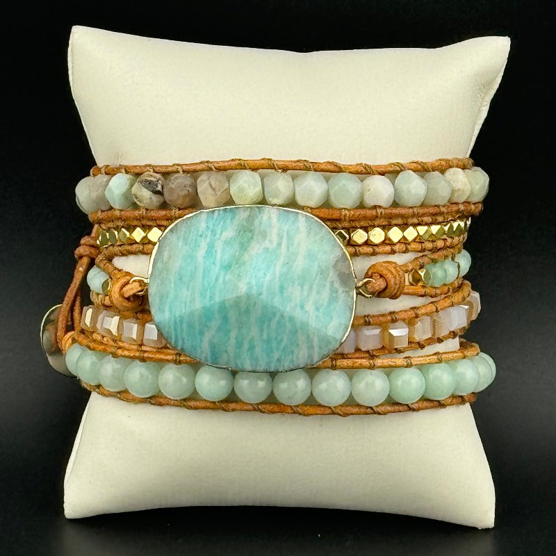 Bohemian Amazonite 5-Layer Leather Wrap Around Bracelet (Silver Button)