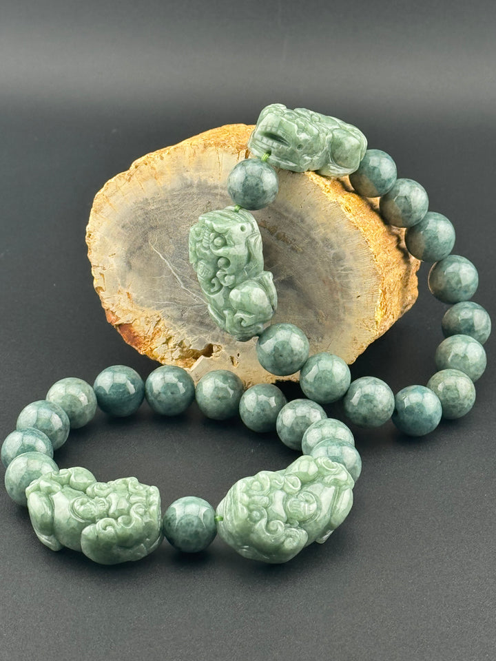 Wealth Attraction & Preservation Double Large Jadeite Pixiu's Bracelet