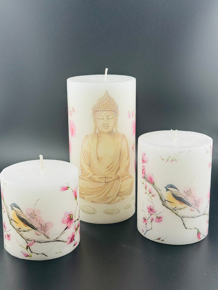 Enlightened Serenity - Buddha Print Pillar Candle Trio