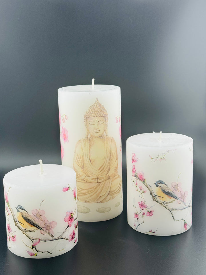 Enlightened Serenity - Buddha Print Pillar Candle Trio