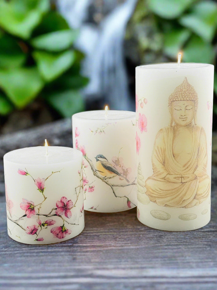 Enlightened Serenity - Buddha Print Pillar Candle Trio