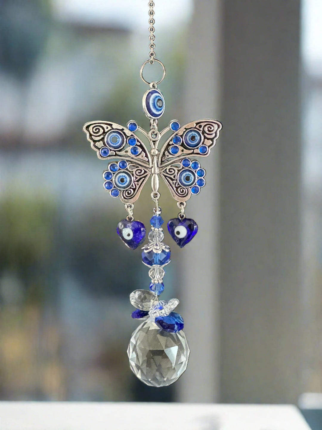 FlutterGuard Quartz Crystal & Evil Eye Butterfly Sun Catcher