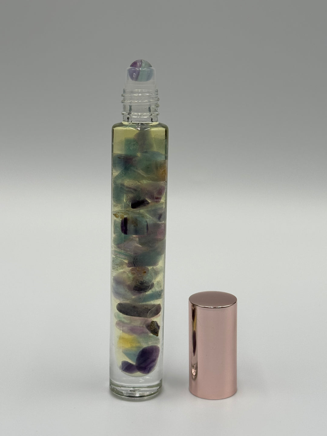 Harmonious Colorful Fluorite - Bergamot Infused Crystal Roll-On (Heart, Throat, and Third Eye Chakras)