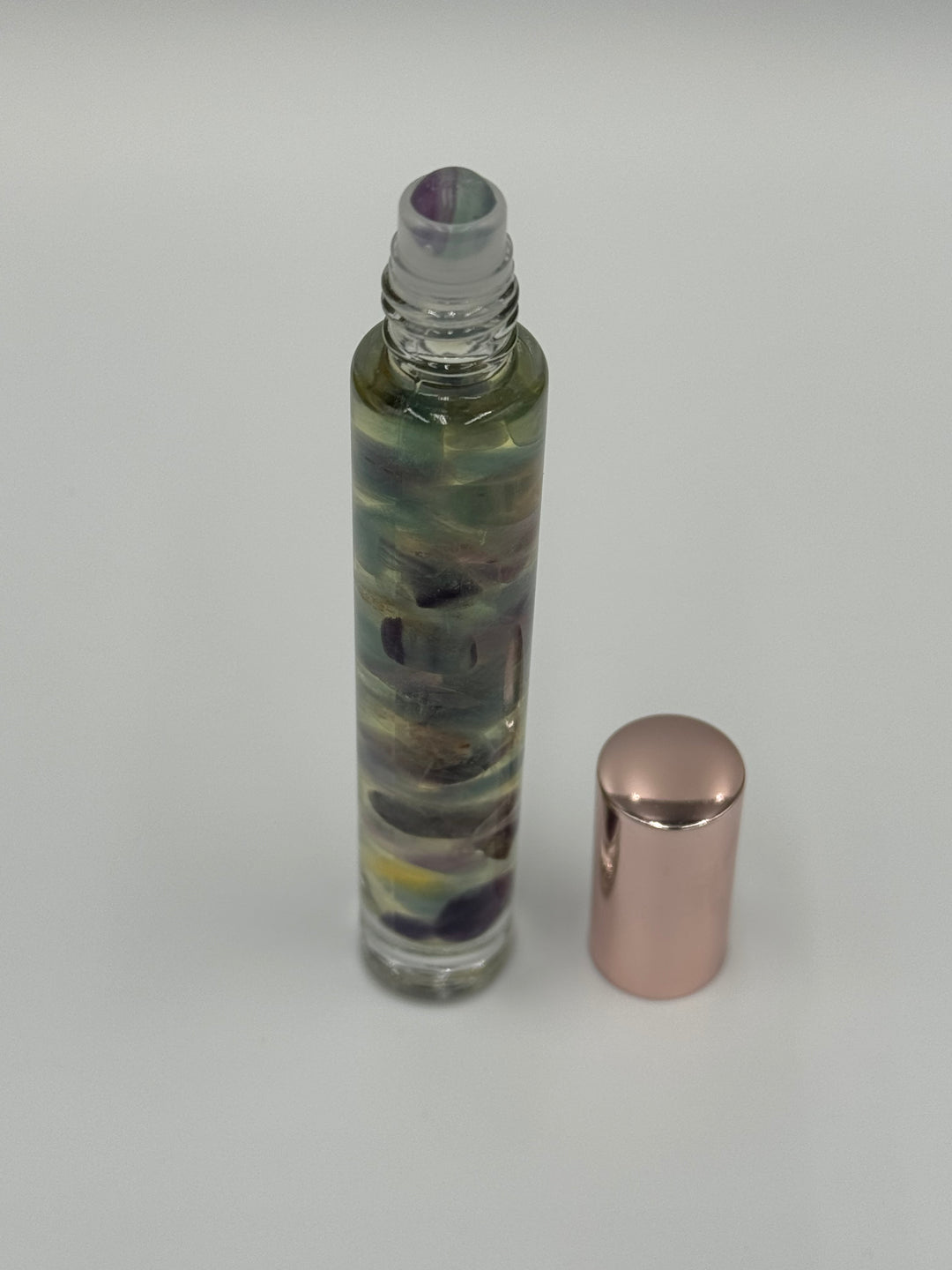 Harmonious Colorful Fluorite - Bergamot Infused Crystal Roll-On (Heart, Throat, and Third Eye Chakras)