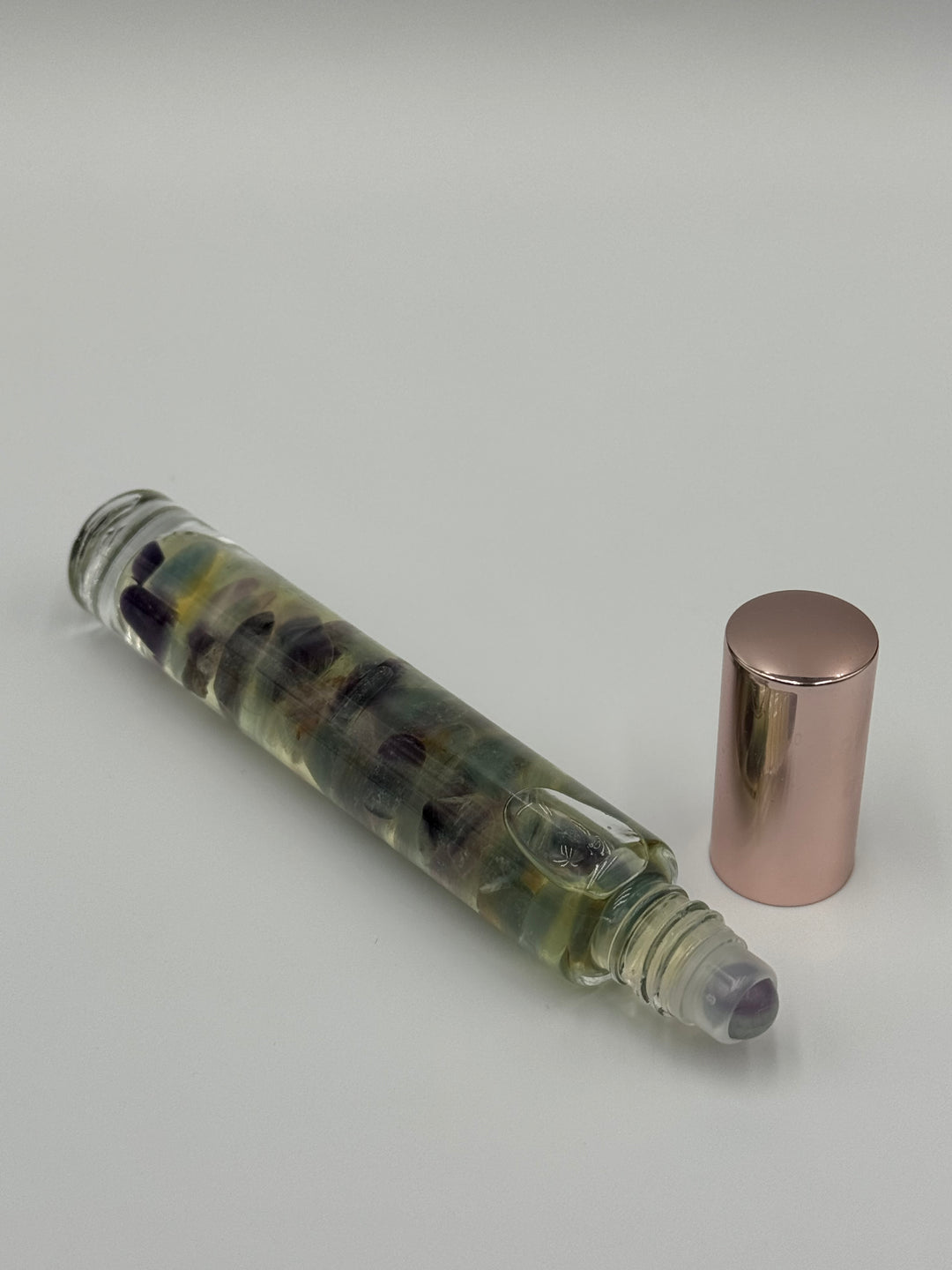 Harmonious Colorful Fluorite - Bergamot Infused Crystal Roll-On (Heart, Throat, and Third Eye Chakras)