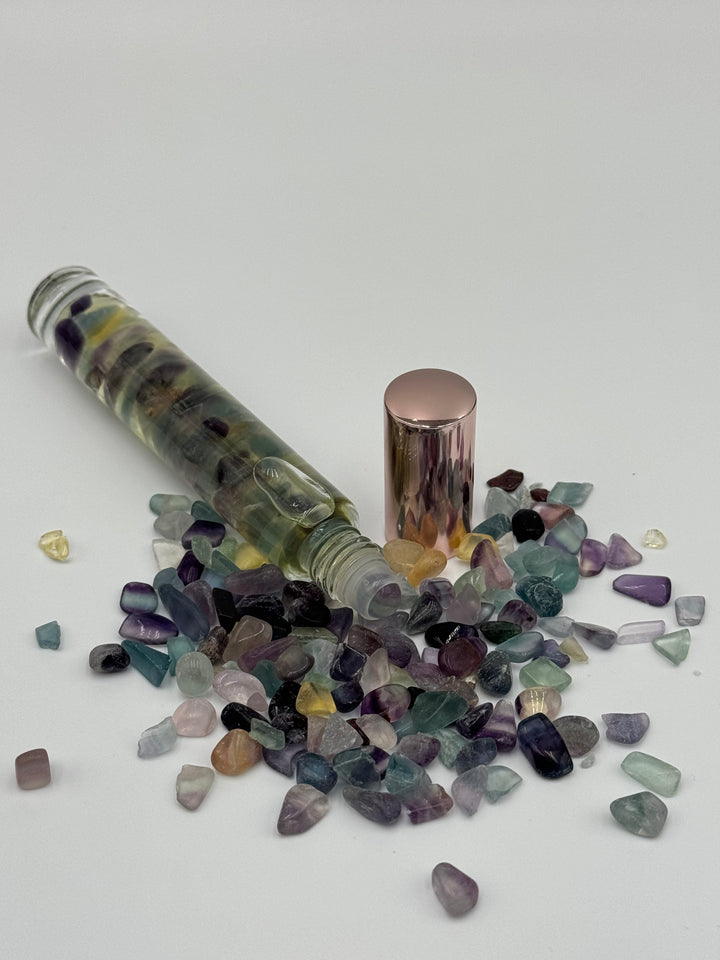 Harmonious Colorful Fluorite - Bergamot Infused Crystal Roll-On (Heart, Throat, and Third Eye Chakras)