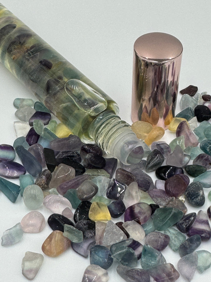 Harmonious Colorful Fluorite - Bergamot Infused Crystal Roll-On (Heart, Throat, and Third Eye Chakras)