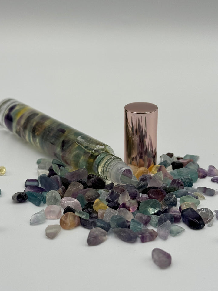 Harmonious Colorful Fluorite - Bergamot Infused Crystal Roll-On (Heart, Throat, and Third Eye Chakras)