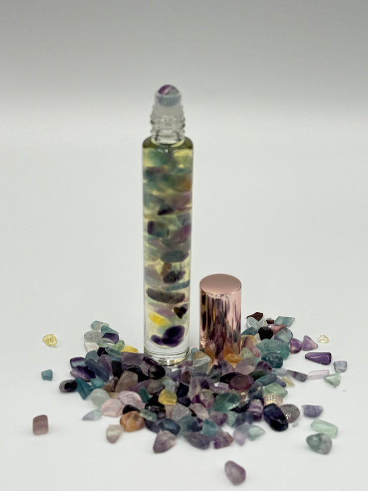 Harmonious Colorful Fluorite - Bergamot Infused Crystal Roll-On (Heart, Throat, and Third Eye Chakras)