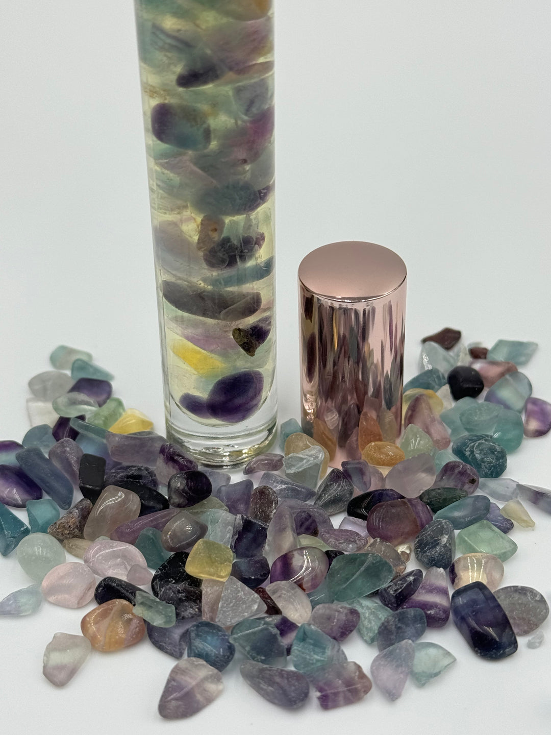 Harmonious Colorful Fluorite - Bergamot Infused Crystal Roll-On (Heart, Throat, and Third Eye Chakras)