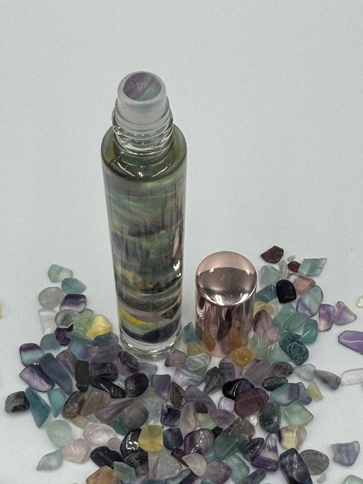 Harmonious Colorful Fluorite - Bergamot Infused Crystal Roll-On (Heart, Throat, and Third Eye Chakras)