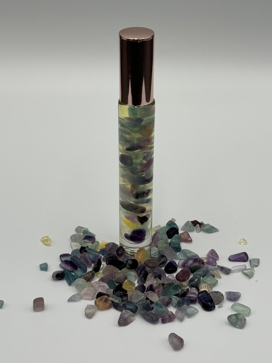 Harmonious Colorful Fluorite - Bergamot Infused Crystal Roll-On (Heart, Throat, and Third Eye Chakras)