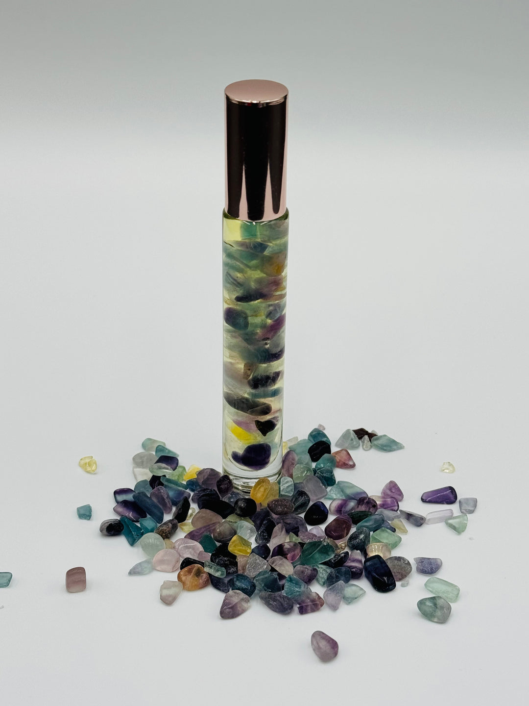 Harmonious Colorful Fluorite - Bergamot Infused Crystal Roll-On (Heart, Throat, and Third Eye Chakras)