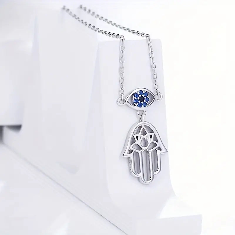 Divine Protection - 925 Sterling Silver Hamsa Hand/Lotus/Evil Eye Necklace (SS)