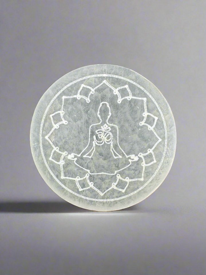 4 inch Hand Etched Ohm and Meditation Pose Selenite Charging Plate