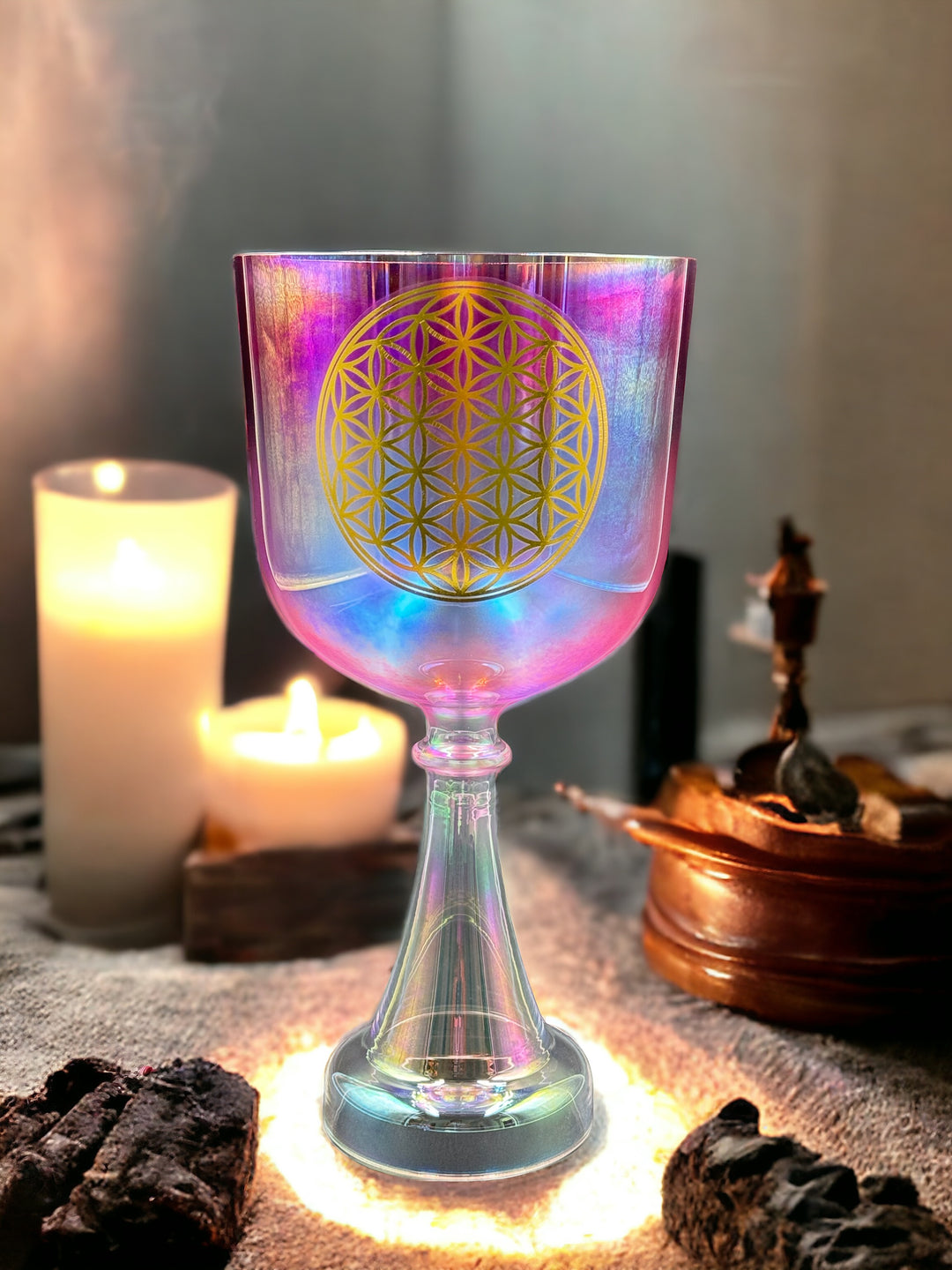 6" Fancy Pink Flower of Life 440 Hz Crystal Singing Chalice (F)