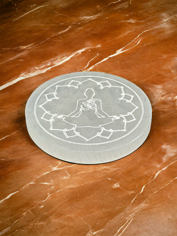 4 inch Hand Etched Ohm and Meditation Pose Selenite Charging Plate