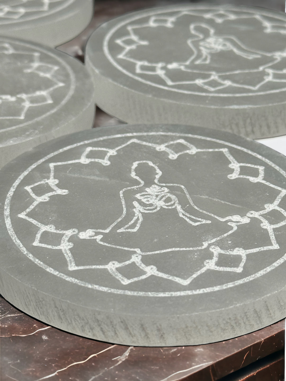 4 inch Hand Etched Ohm and Meditation Pose Selenite Charging Plate