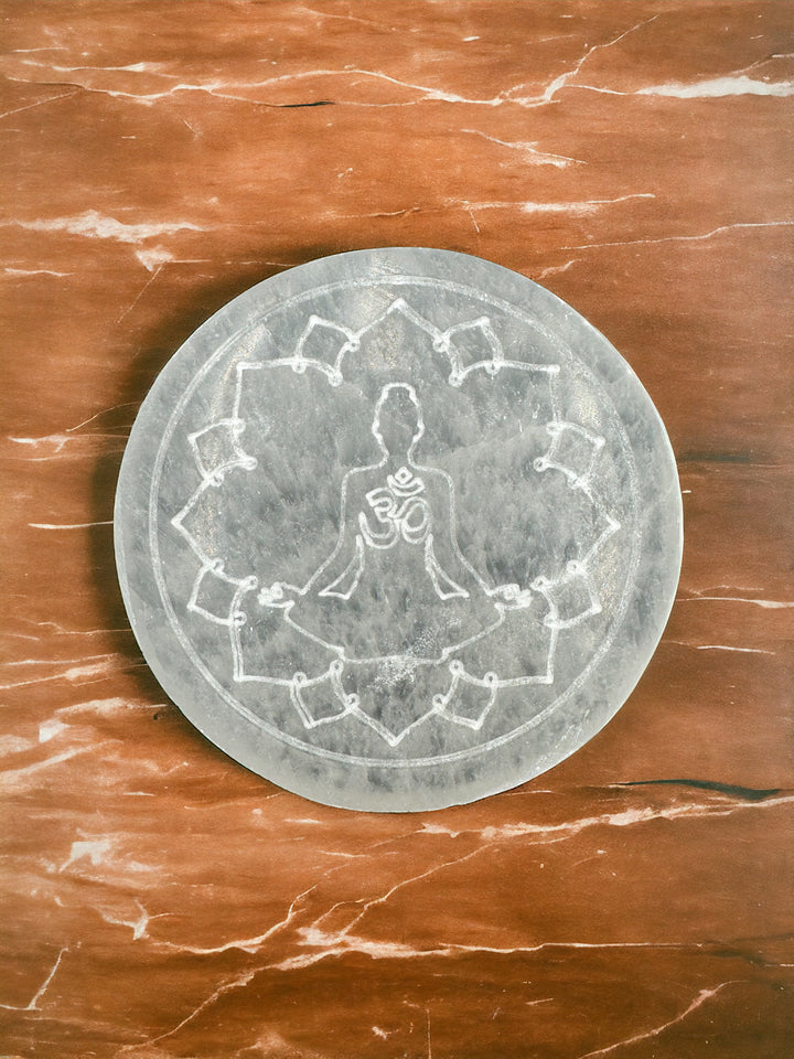 4 inch Hand Etched Ohm and Meditation Pose Selenite Charging Plate